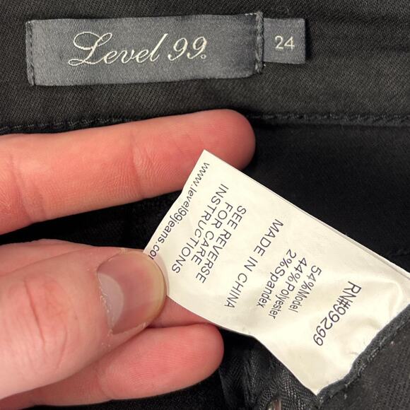 Level 99 Black Denim Mini Skirt Raw Hem Distressed Stretch Women’s 24 - Picture 3 of 7